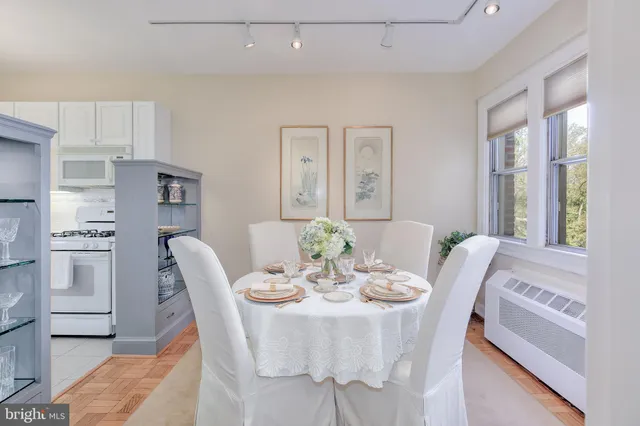 a view of a dining room with furniture