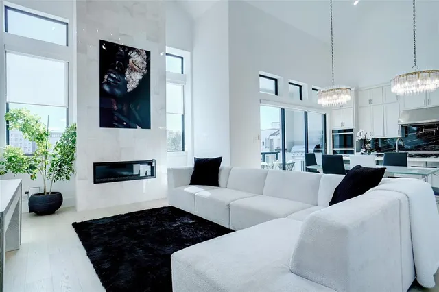 a living room with furniture a fireplace and potted plant