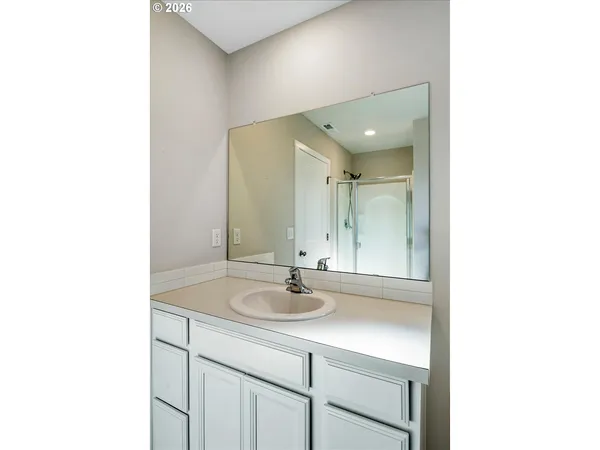 a bathroom with a sink a mirror and shower