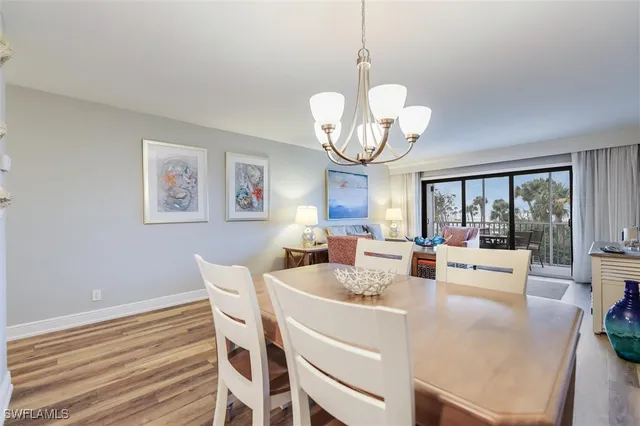 a view of a dining room with furniture wooden floor and chandelier