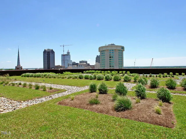 a view of a swimming pool with lawn chairs and plants