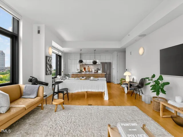 a living room with furniture potted plant and a flat screen tv
