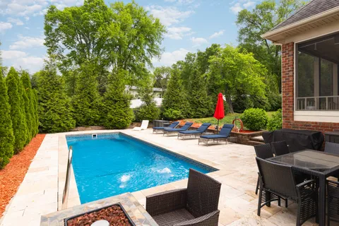an outdoor space with furniture