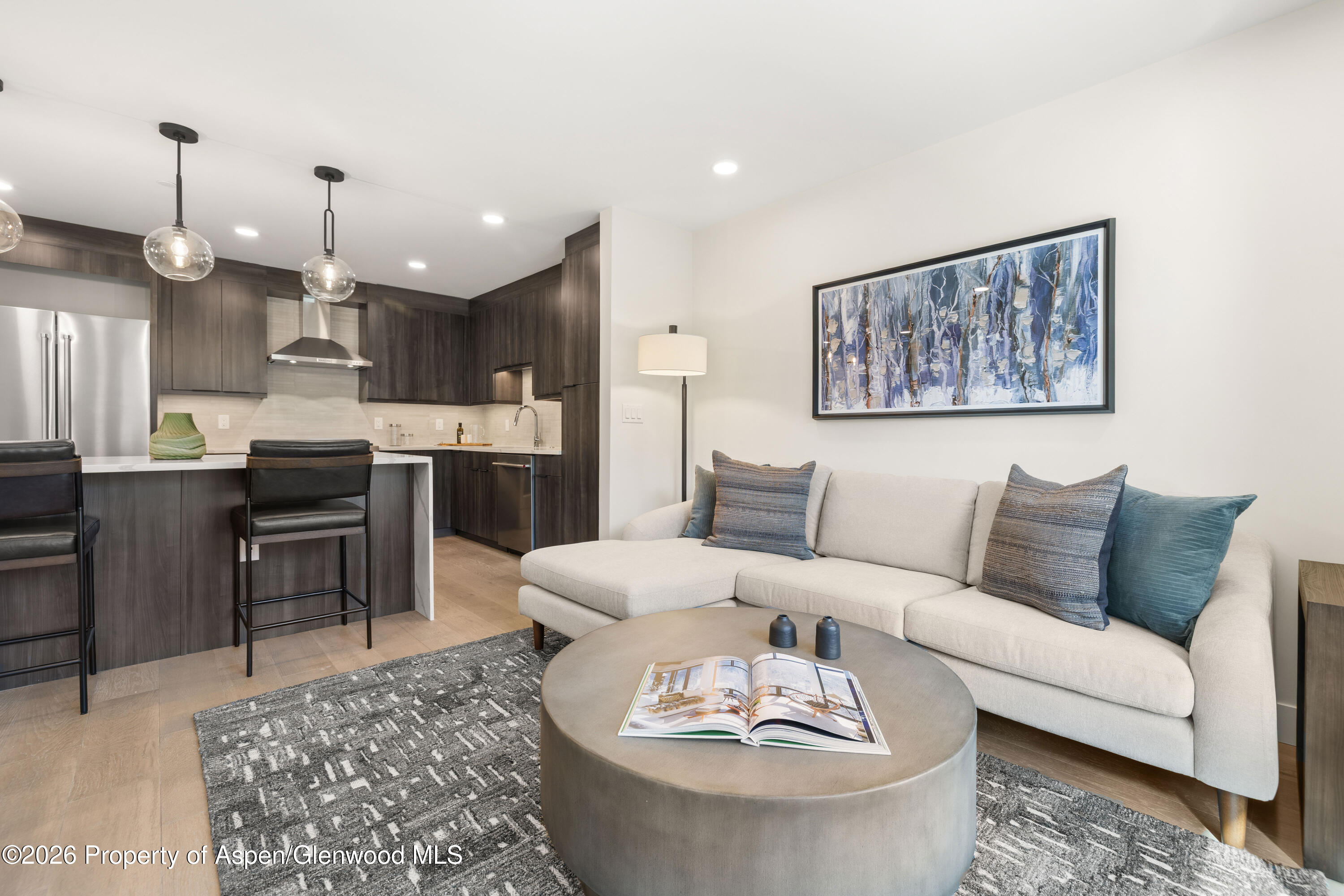 85 Kodiak Drive, Unit 320 Basalt, CO 81621 - Photo 3 of 20 a living room with furniture kitchen and a chandelier