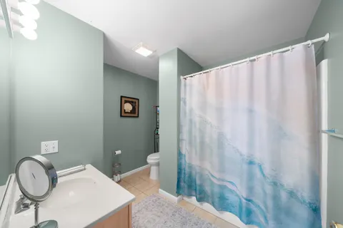 a bathroom with a toilet a sink and curtain