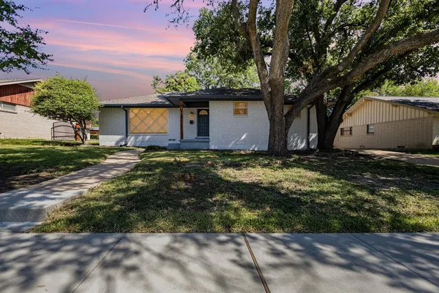 a tree in front of a white house