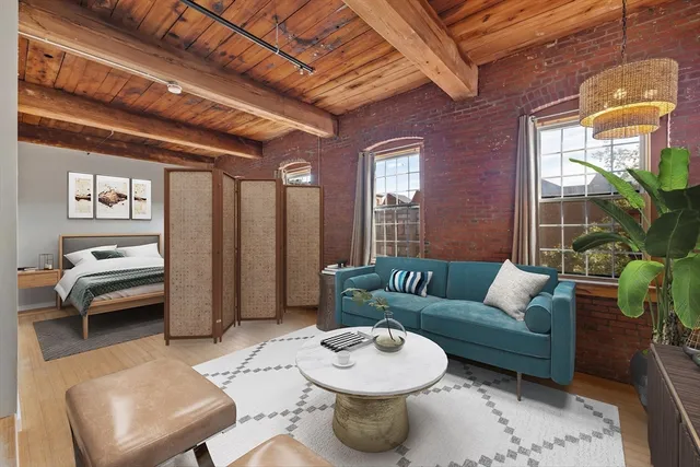 a living room with furniture and a potted plant