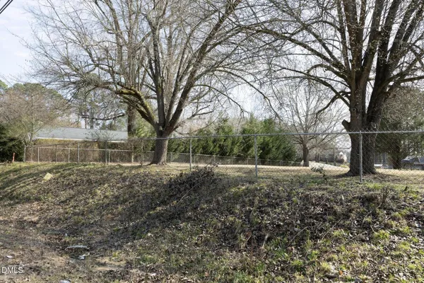 a view of a backyard with large trees