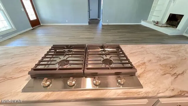 wooden floor in an empty room with a fireplace