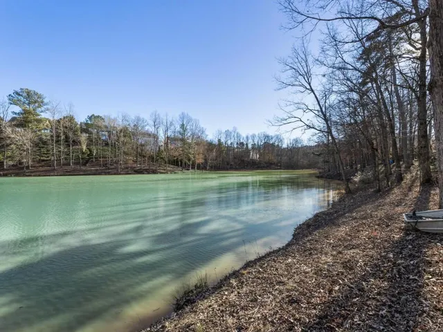 a view of a lake with houses in the back