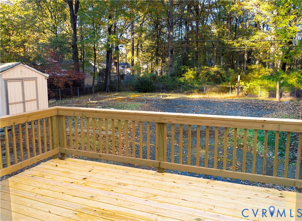 4060 Norborne Road Richmond, VA 23234 - Photo 23 of 24 Wooden terrace with a storage unit and a fenced ba