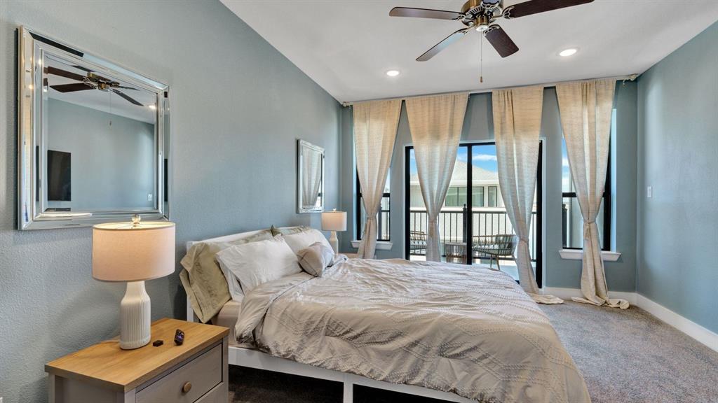 602 Winners Circle Rowlett, TX 75088 - Photo 13 of 28 Carpeted bedroom with access to exterior, recessed lighting, and a ceiling fan