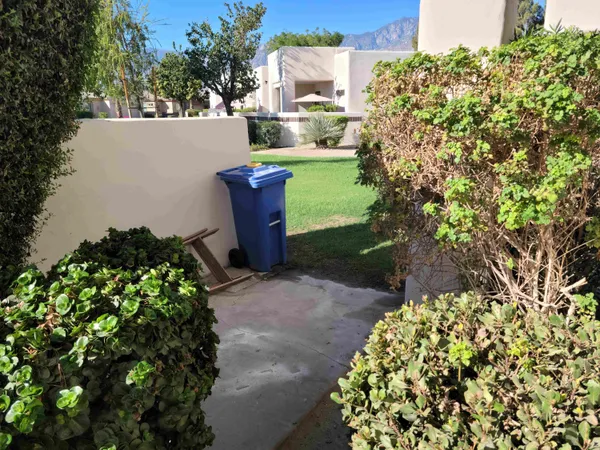 a view of a garden with a fountain