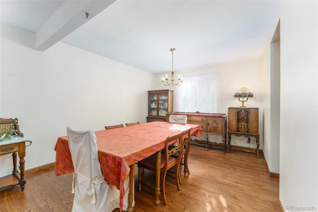 a view of a dining room with furniture