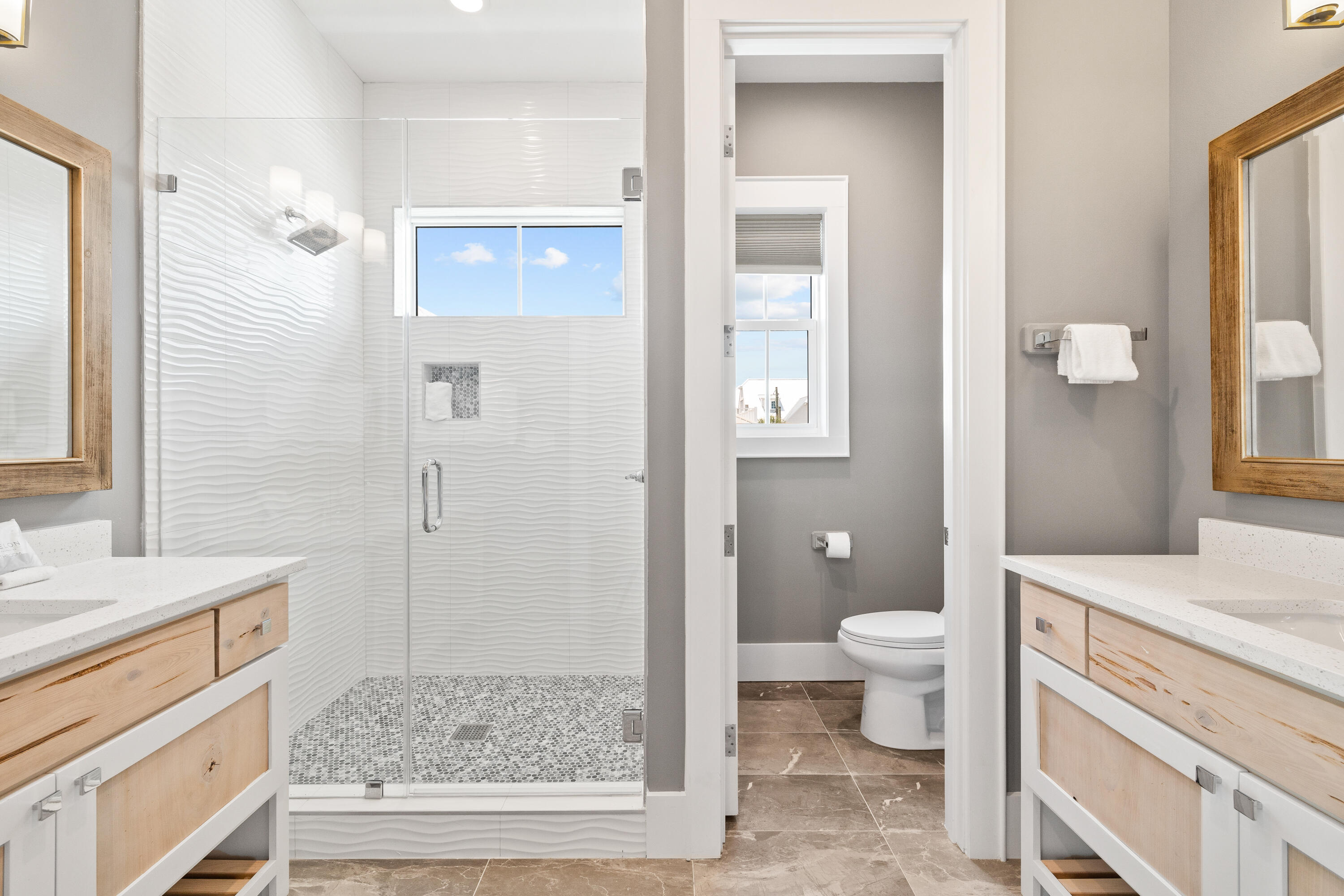 196 South Wall Street Inlet Beach, FL 32461 - Photo 59 of 85 a bathroom with a granite countertop sink a toilet and shower