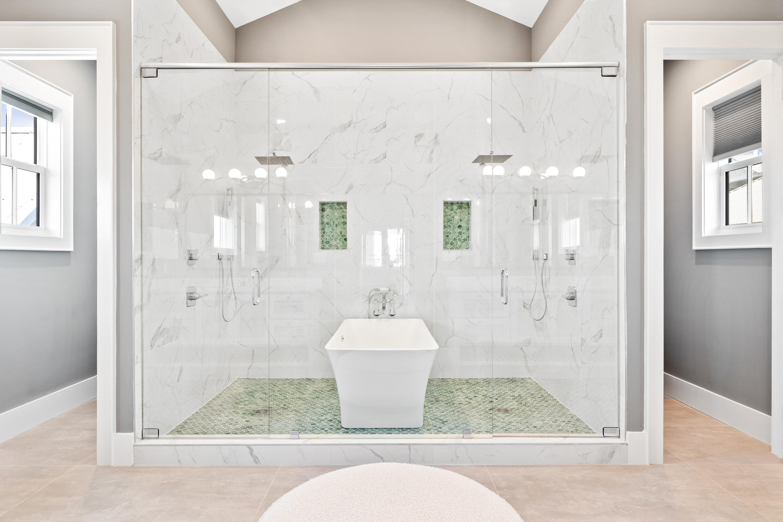 196 South Wall Street Inlet Beach, FL 32461 - Photo 68 of 85 a bathroom with a granite countertop sink a mirror and a shower