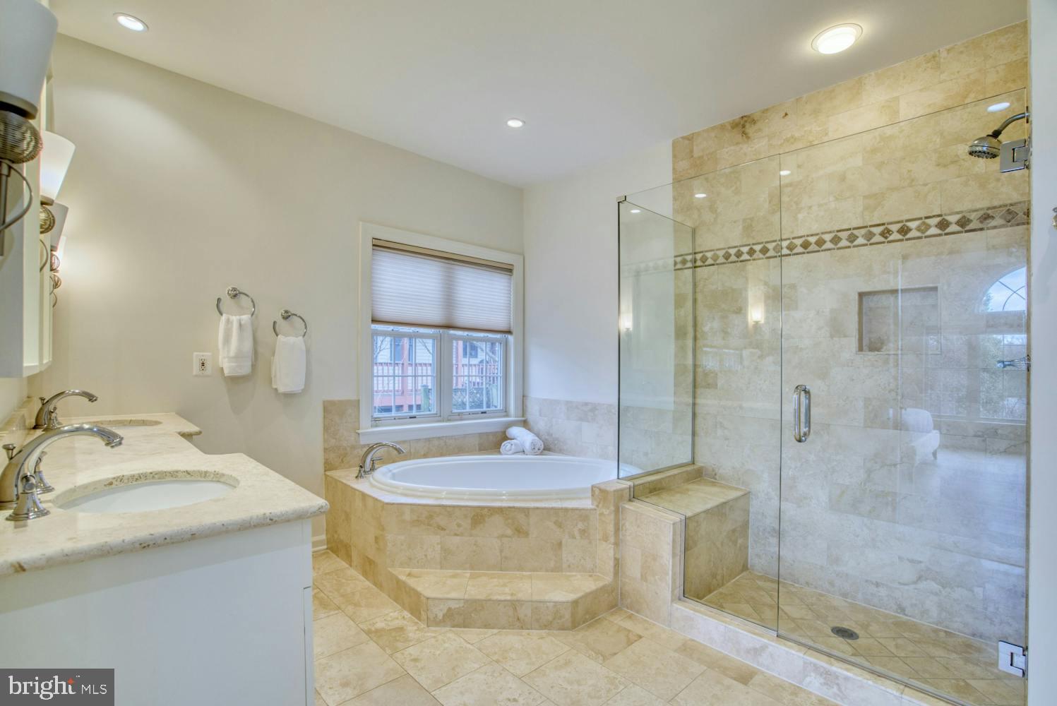 1702 South Arlington Ridge Road Arlington, VA 22202 - Photo 20 of 49 a bathroom with a granite countertop sink a mirror and shower