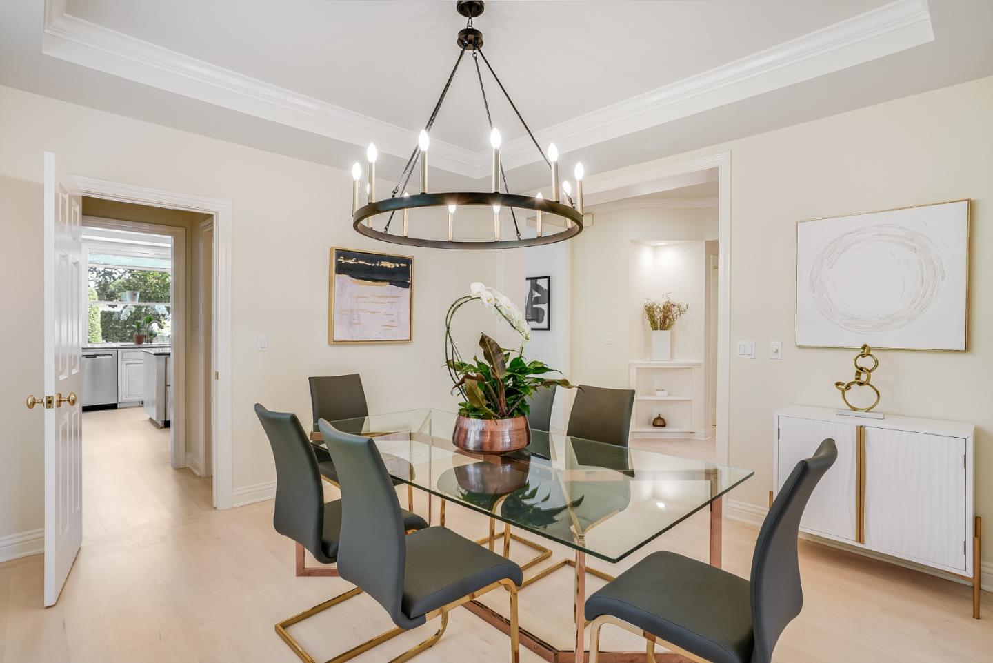 75 Riordan Place Menlo Park, CA 94025 - Photo 8 of 55 a dining room with furniture a chandelier and wooden floor