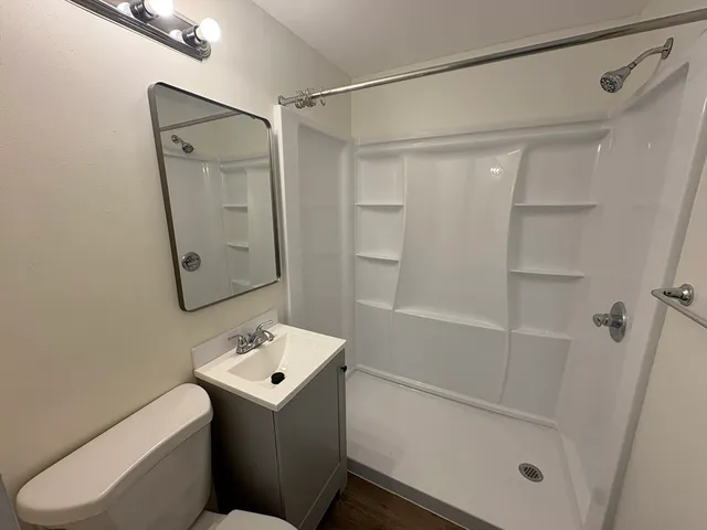 a bathroom with a shower sink vanity and toilet