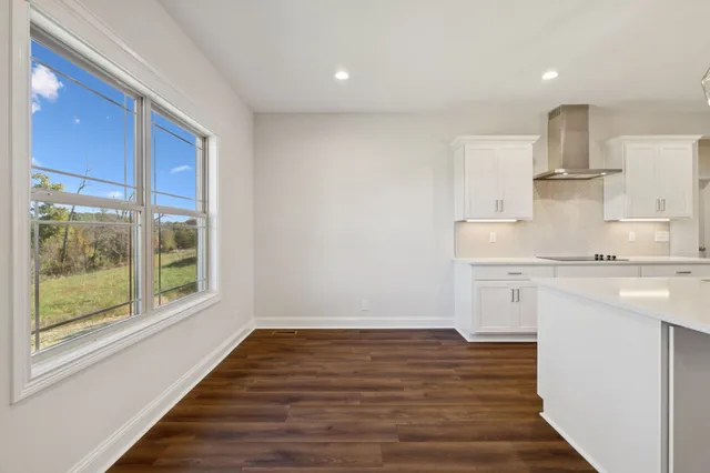 a view of empty room with wooden floor and ceiling fan