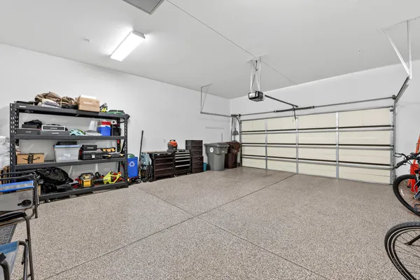 a view of a garage with storage