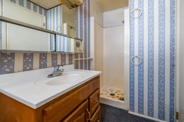 a bathroom with a sink a mirror and a shower