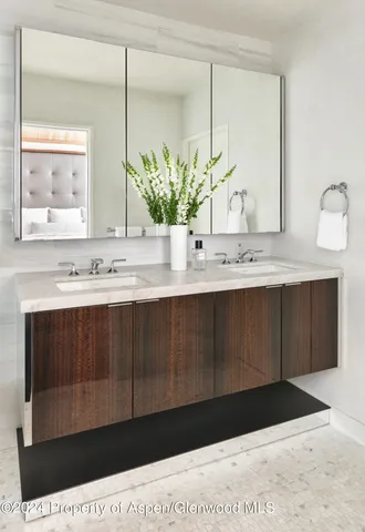 a bathroom with a sink a mirror and a shower