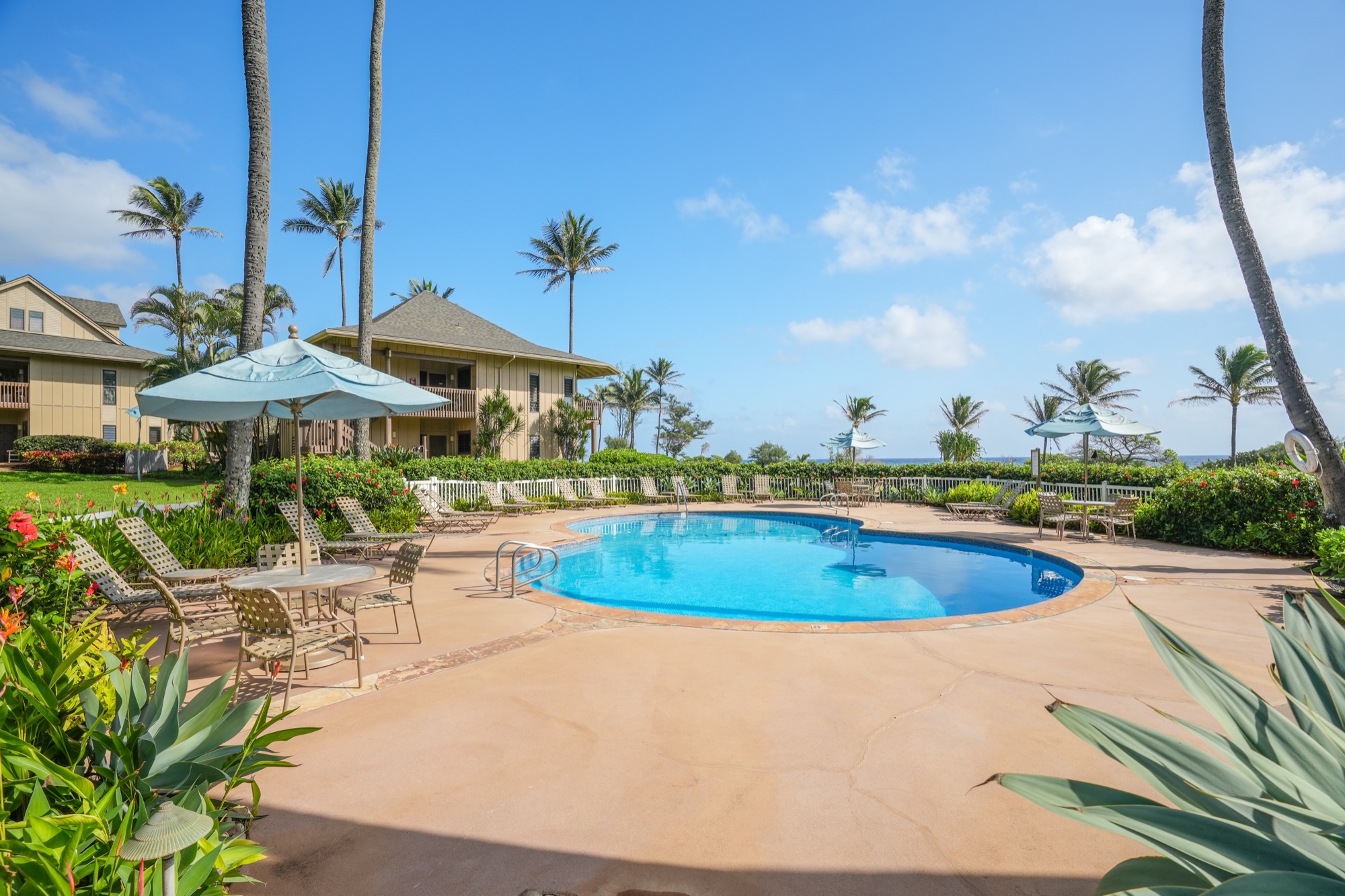 4460 Nehe Road, Unit 116 Lihue, HI 96766 - Photo 25 of 28 a view of a swimming pool with lawn chairs under an umbrella