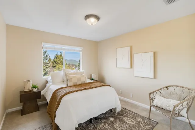 a bedroom with furniture and a rug