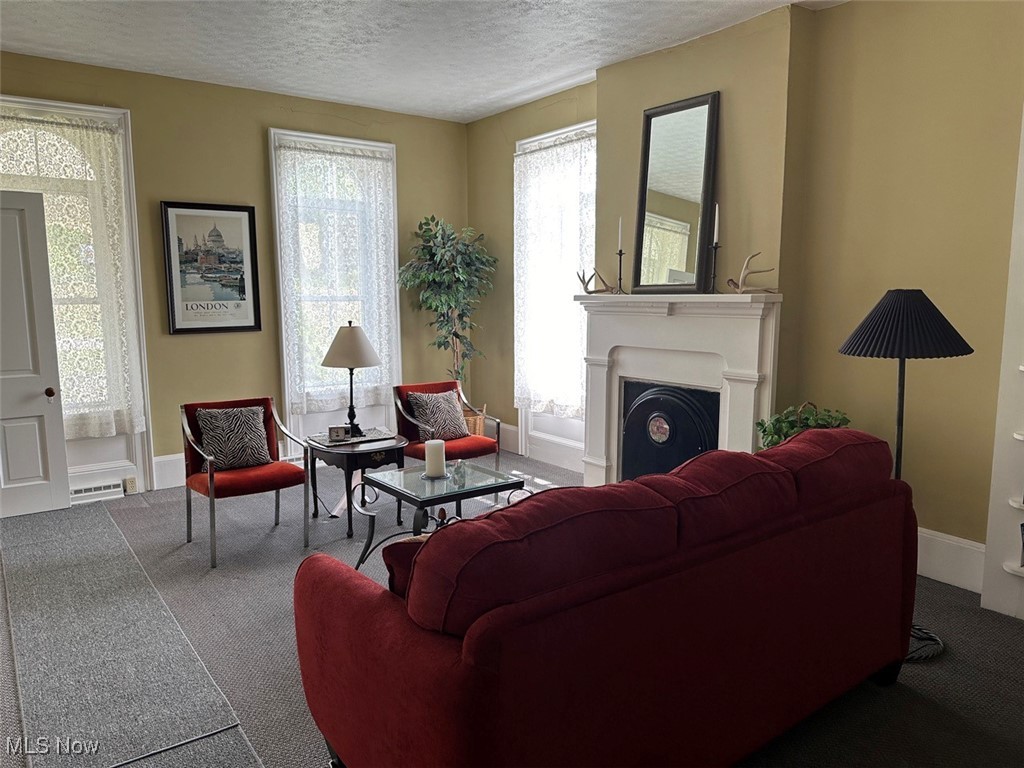 1241 Apollo Road Southeast Carrollton, OH 44615 - Photo 22 of 33 Carpeted living room featuring a textured ceiling