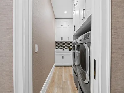 a view of a dining room with furniture