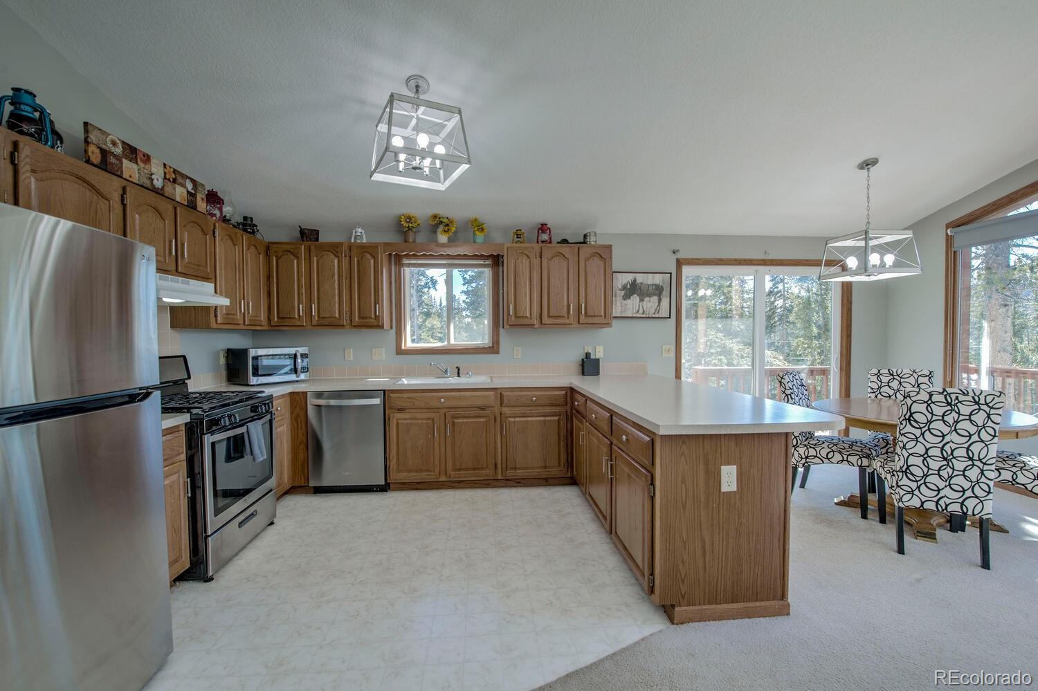 394 Co Road Fairplay, CO 80440 - Photo 23 of 46 a kitchen with a refrigerator a stove a sink and dishwasher with a dining table
