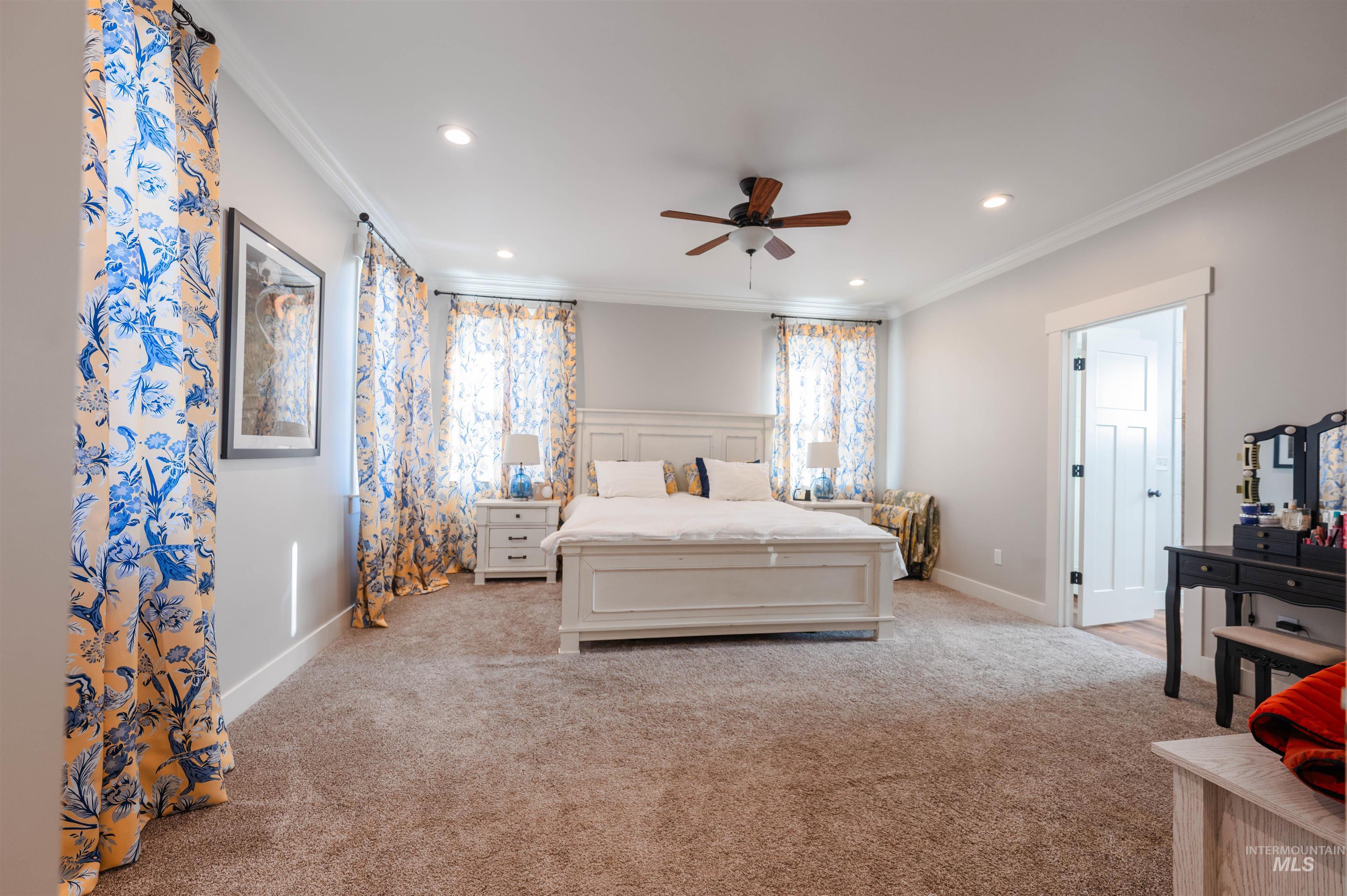 515 School Street Albion, ID 83311 - Photo 11 of 30 Bedroom with light colored carpet, ornamental molding, a ceiling fan, and recessed lighting