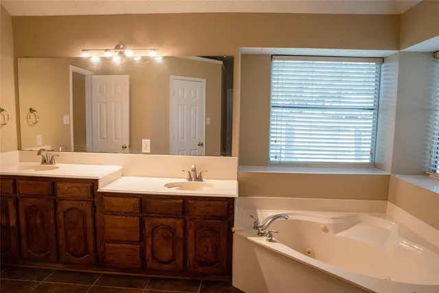 a bathroom with a bathtub a sink a mirror and a bathtub