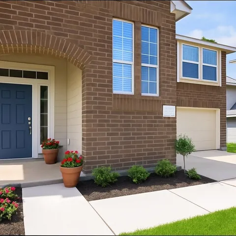 a view of a brick house with potted plants