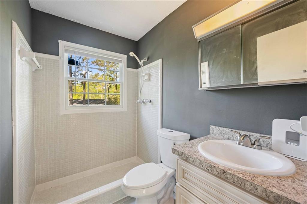 4166 Rue St Michel Stone Mountain, GA 30083 - Photo 23 of 31 a bathroom with a granite countertop toilet a sink and a mirror