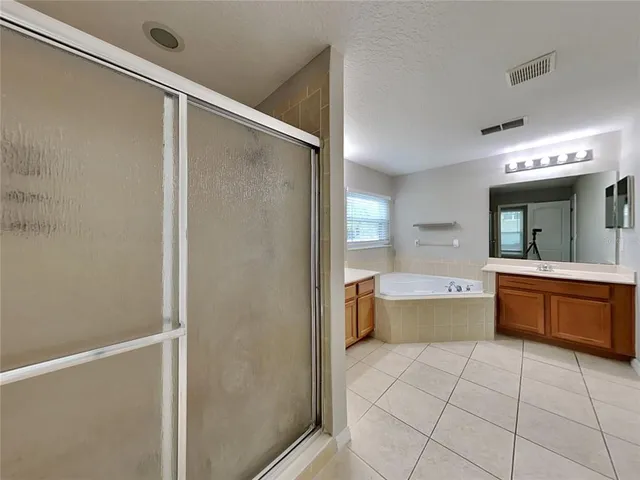 a large bathroom with a large tub shower sink and mirror