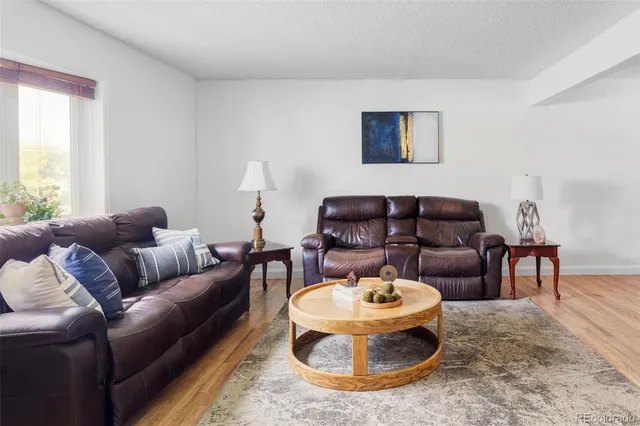 a living room with furniture a rug and a large window