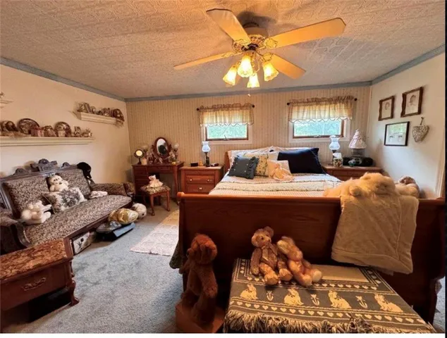 a view of a yard in front of a house with large trees