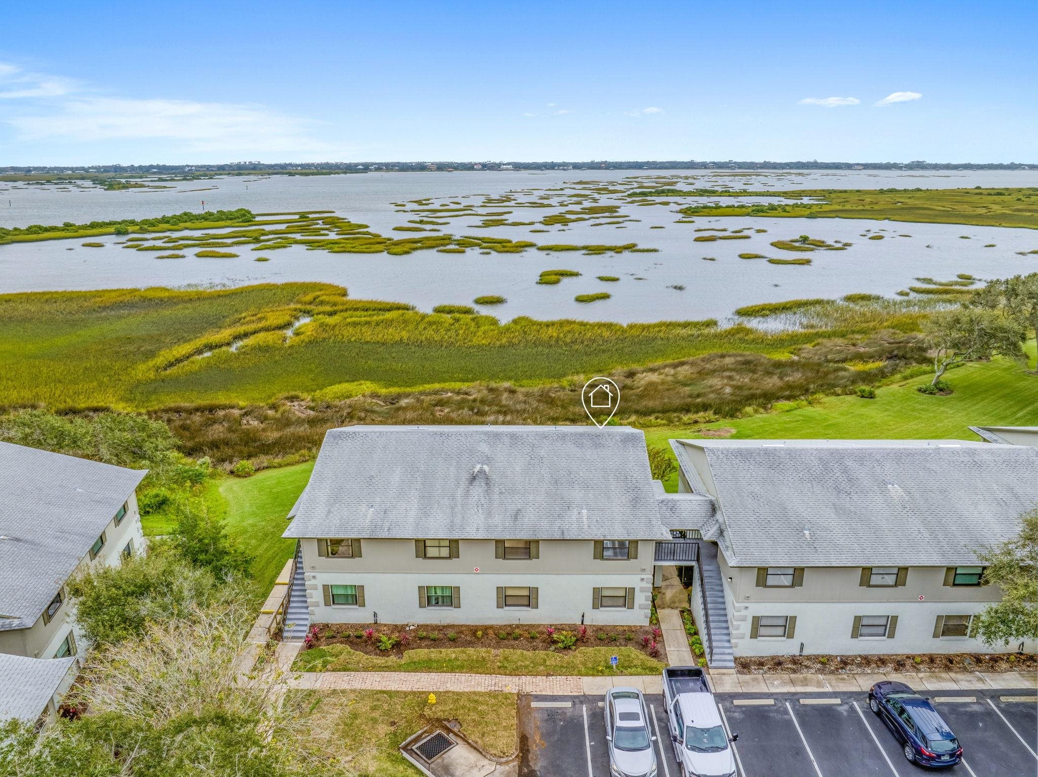 Aerial view of 28 Santiago Ct, located on the Intracoastal Waterway with unobstructed views!