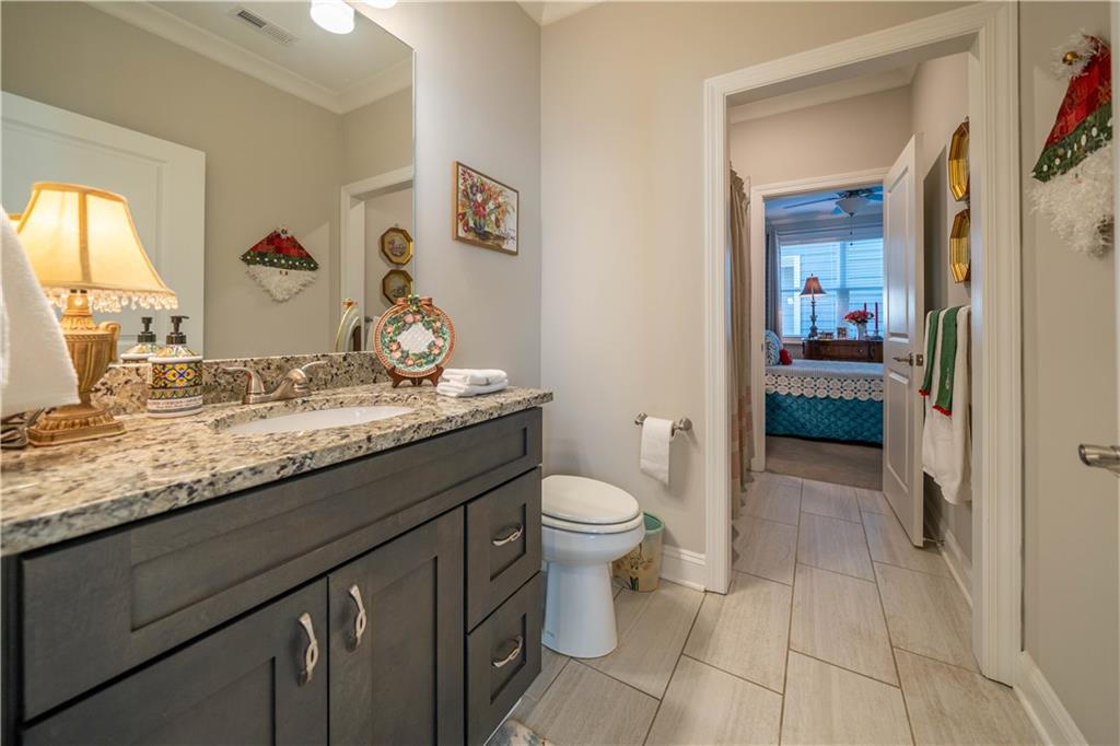 32 Encore Lane Cartersville, GA 30120 - Photo 20 of 28 a bathroom with a granite countertop sink a toilet and a mirror