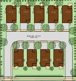 an aerial view of a house with garden space and street view