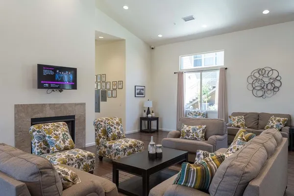 a living room with furniture and a fireplace
