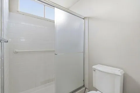 a bathroom with a shower and a toilet