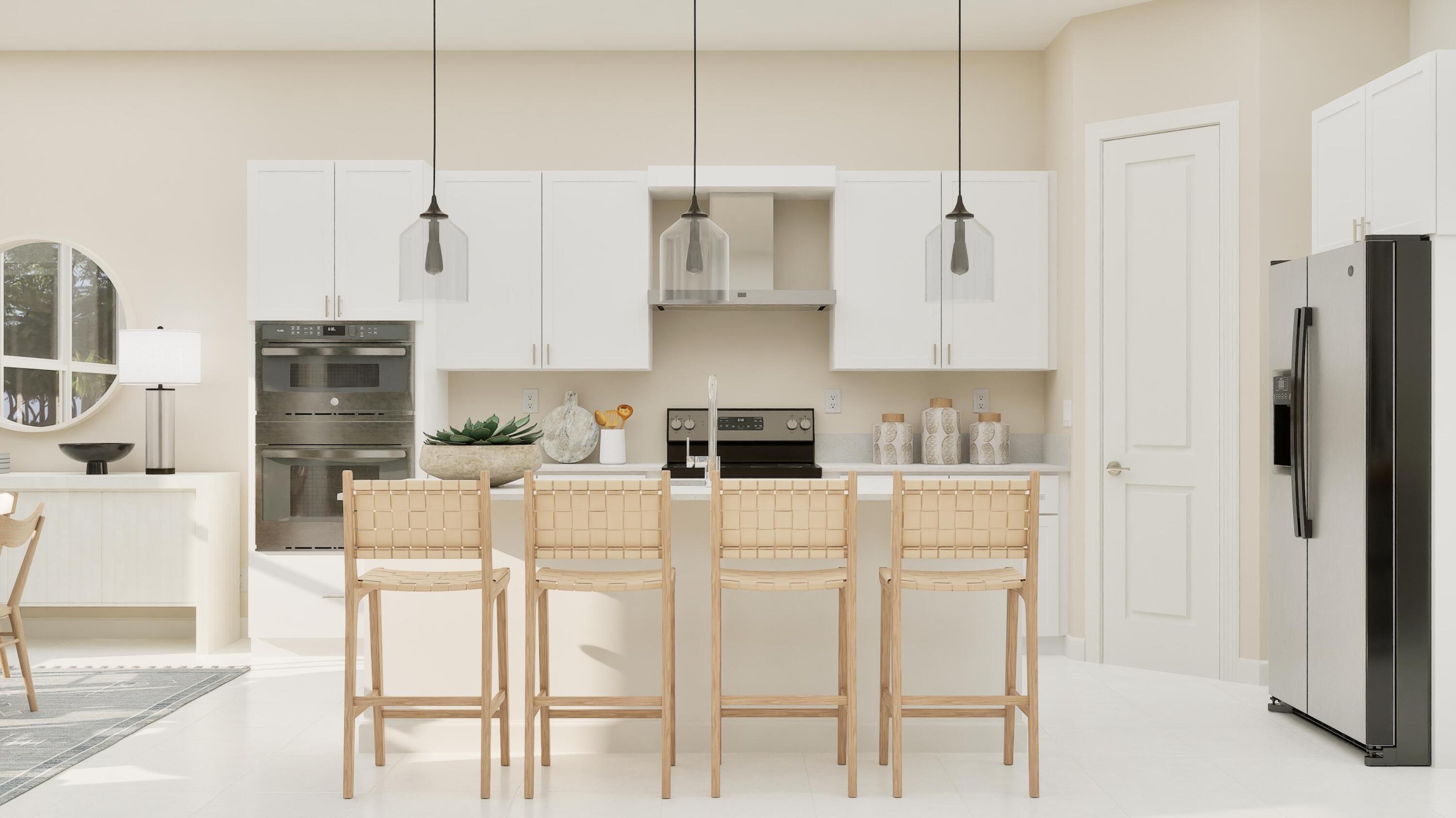 1026 Raleigh Way Wellington, FL 33449 - Photo 2 of 25 a white kitchen with stainless steel appliances granite countertop a refrigerator a stove a sink a dining table and chairs with wooden floor