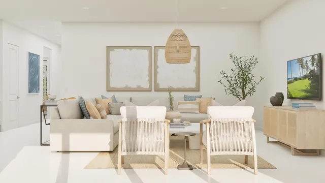 a living room with furniture and a mirror