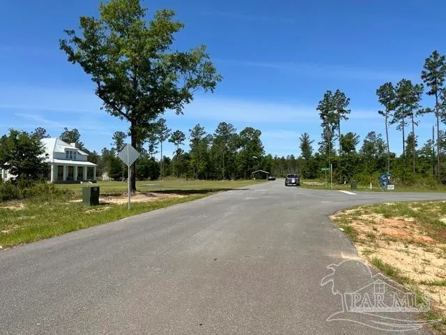 a view of a town with large trees