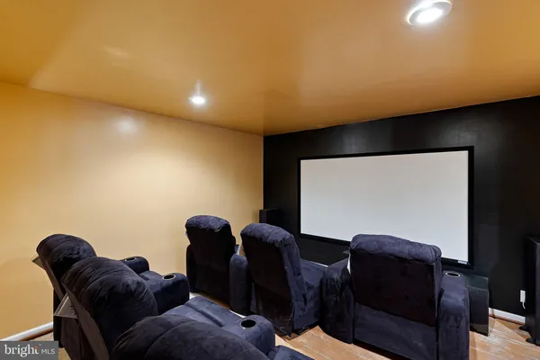 a media room with lots of chairs and a projector screen