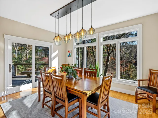 a view of a dining room with furniture large windows and wooden floor