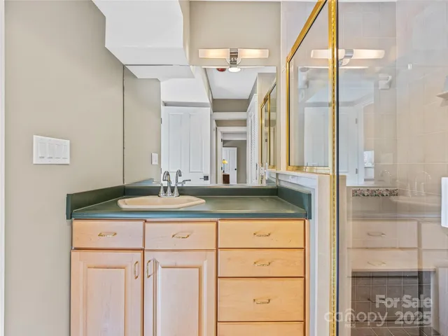 a bathroom with a granite countertop sink a mirror and a shower